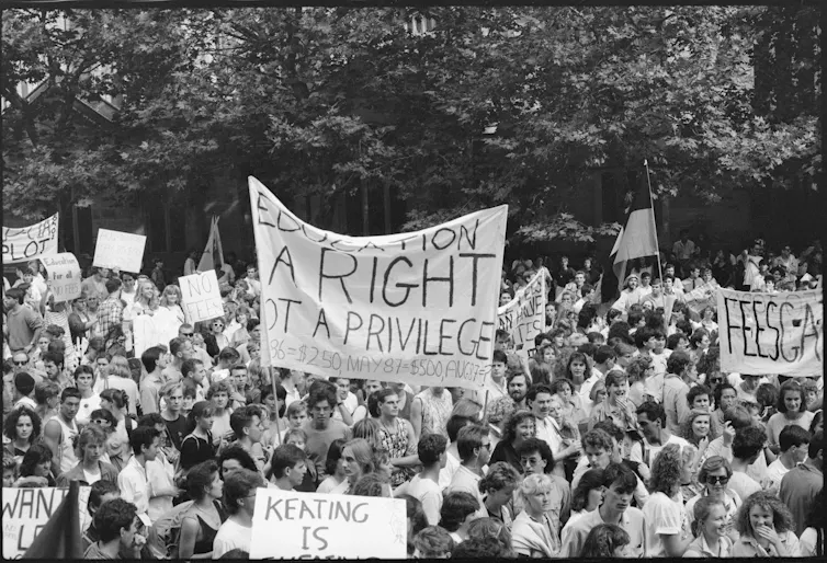 Black and white photo of protestors