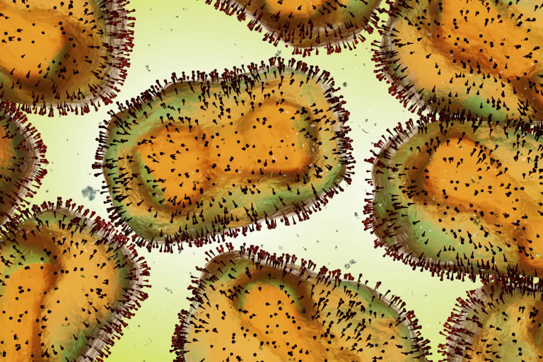 A digital rendering of mpox viruses under a microscope.