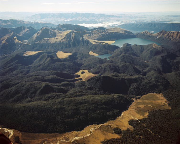 Aerial photograph of an ancient landslide deposit now covered in trees