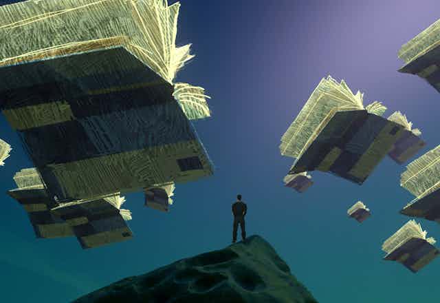 Dreamlike illustration of lone man surrounded by floating books.