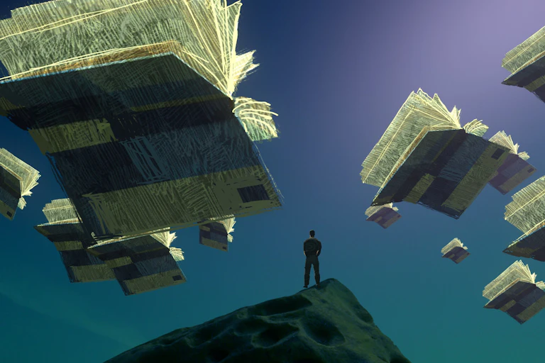 Dreamlike illustration of lone man surrounded by floating books.