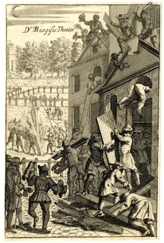 A historical etching depicting a riot.