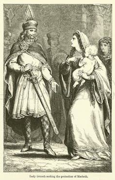 An engraving of Gruoch seeking help from Macbeth.