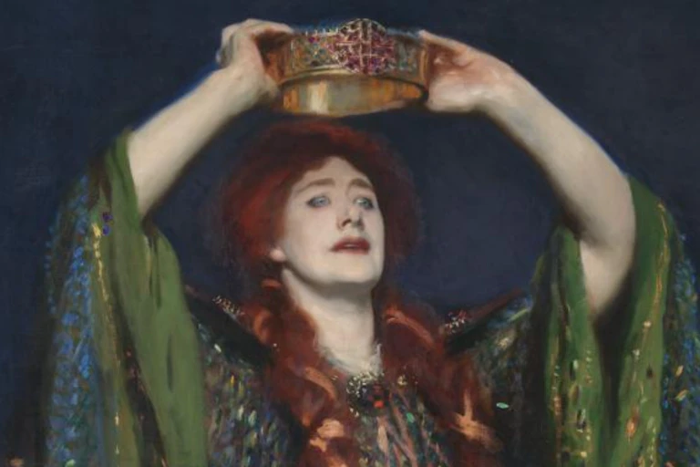Painting of women with long red hair and green robes holding crown above her head