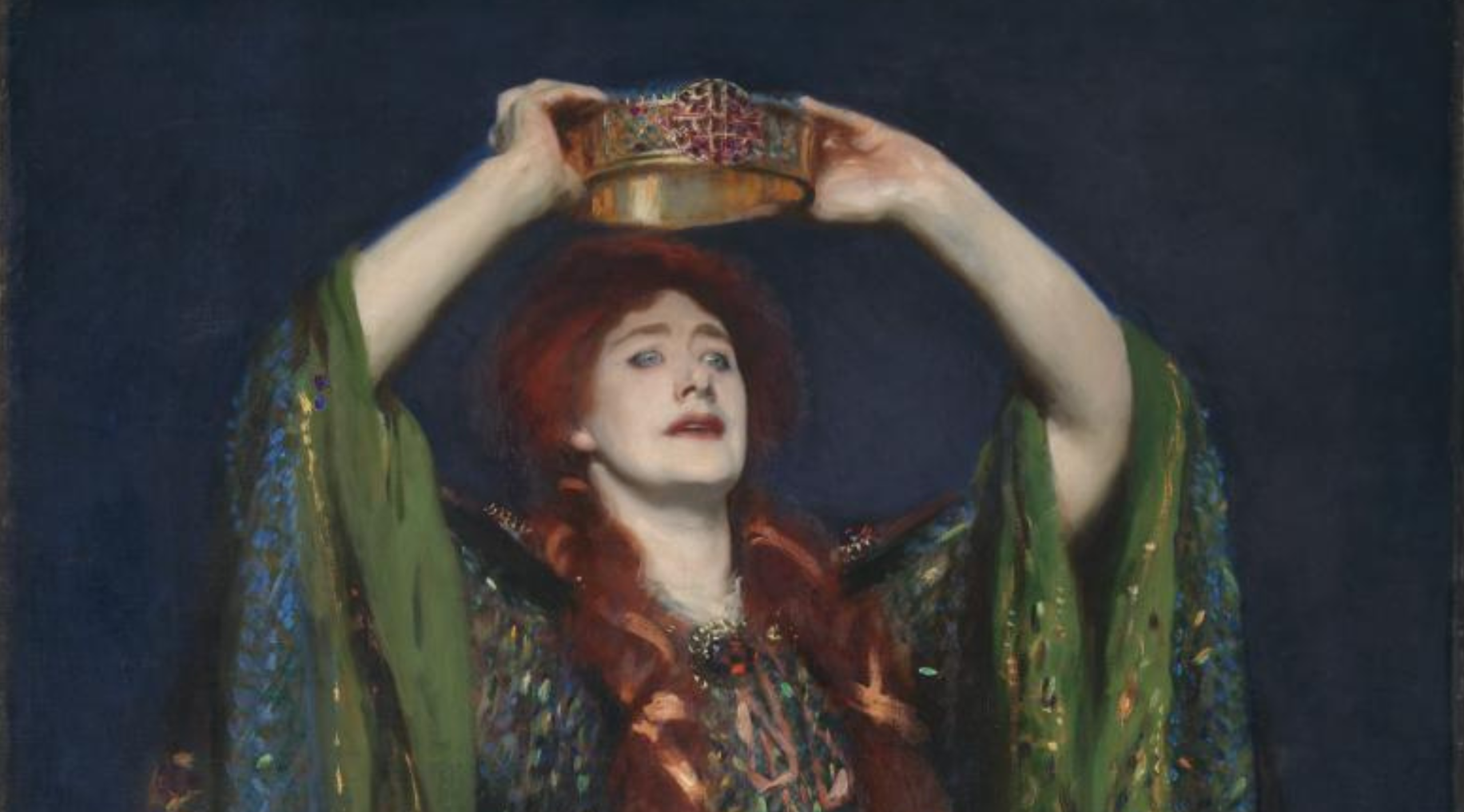 Painting of women with long red hair and green robes holding crown above her head