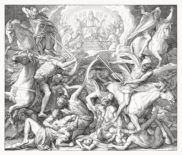 A black and white engraving depicting four horsemen striking people with their swords.  Behind them a figure sits on a throne, in front of which people bow.