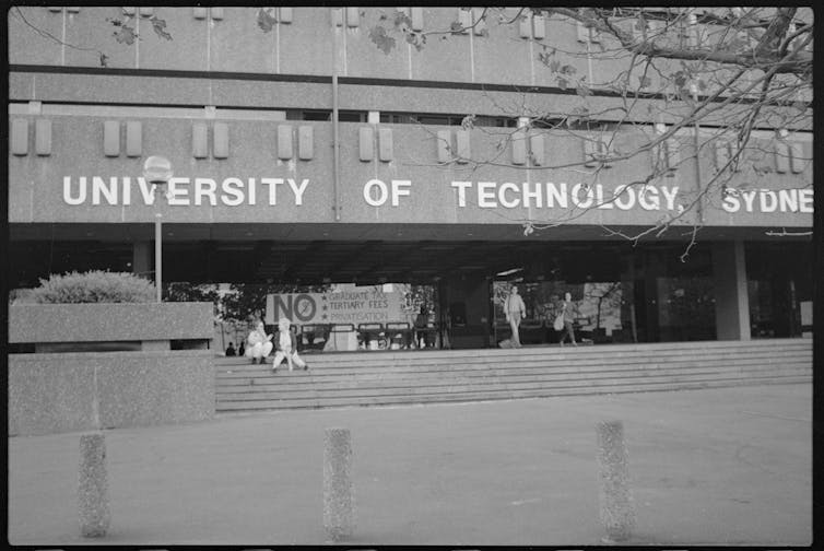 Protesters at a university building.