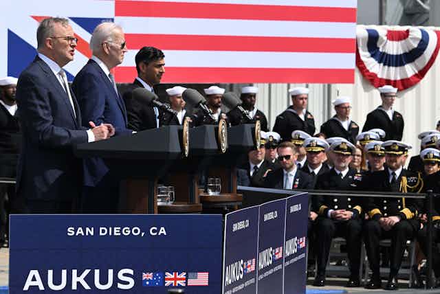 Leaders of Australia, US and UK at lauch of AUKUS pace in San Diego