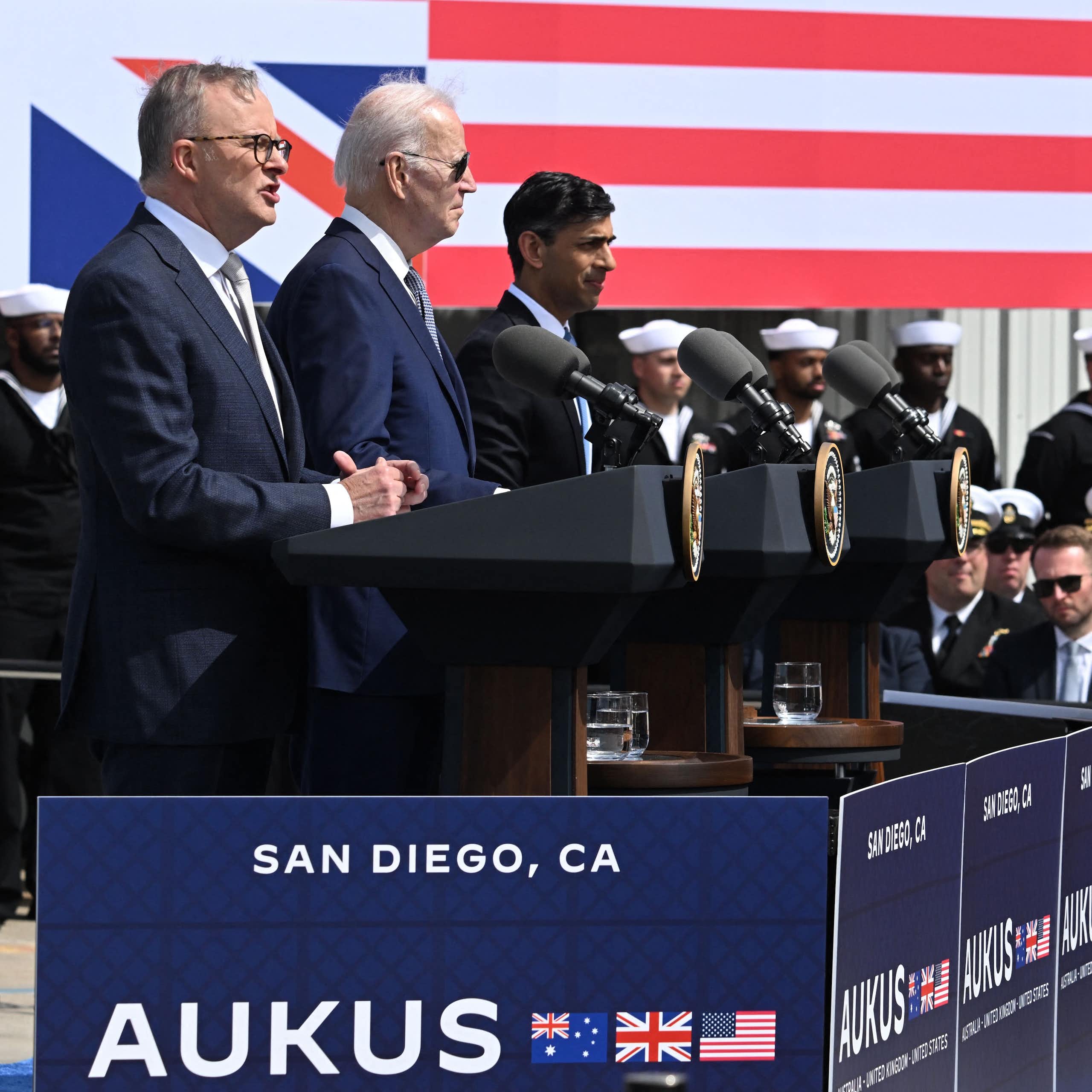 Leaders of Australia, US and UK at lauch of AUKUS pace in San Diego