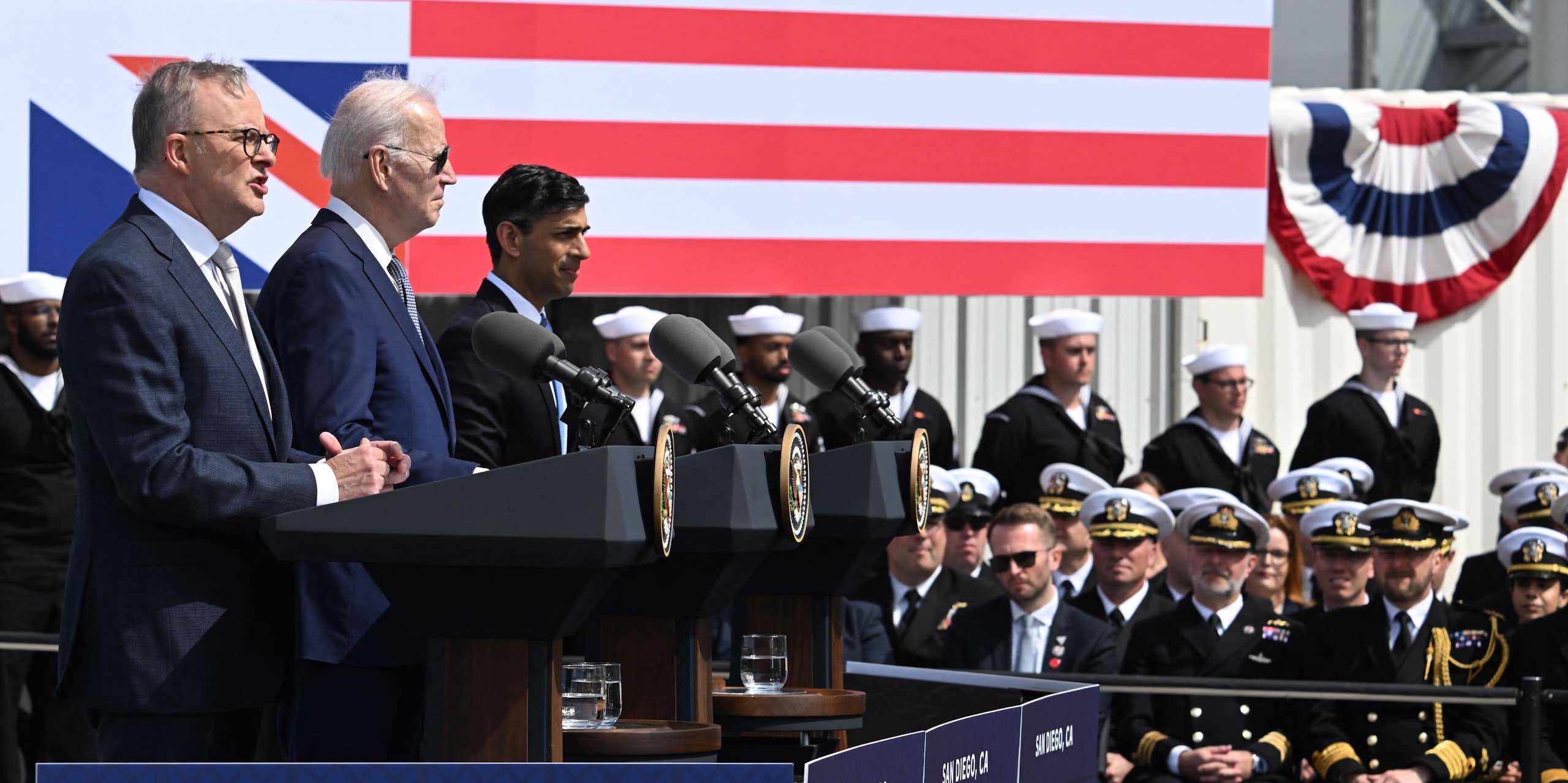 Leaders of Australia, US and UK at lauch of AUKUS pace in San Diego