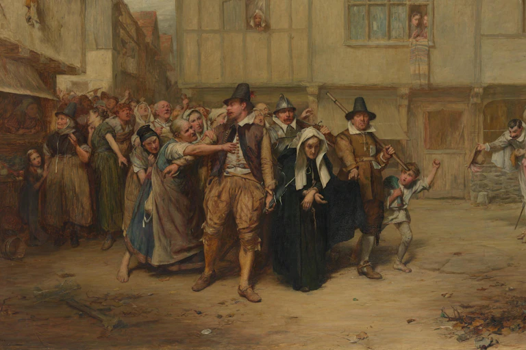 Painting of a woman being marched through a village by a mob