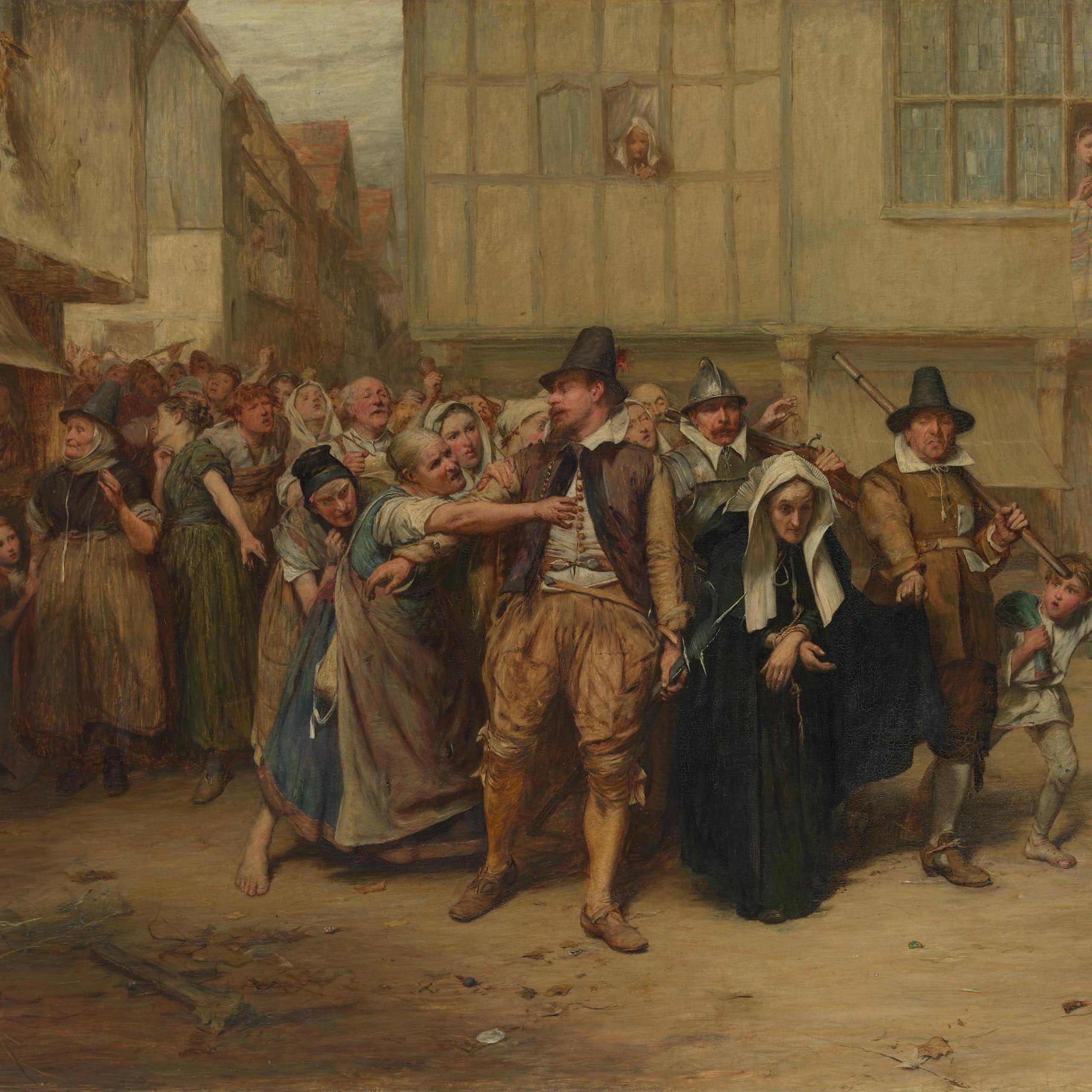 Painting of a woman being marched through a village by a mob
