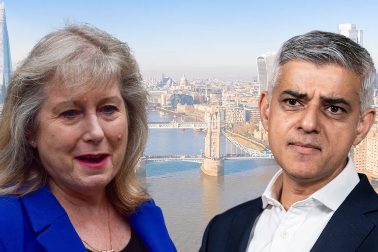 Collage of Susan Hall and Sadiq Khan facing each other with an aerial view of London in the background