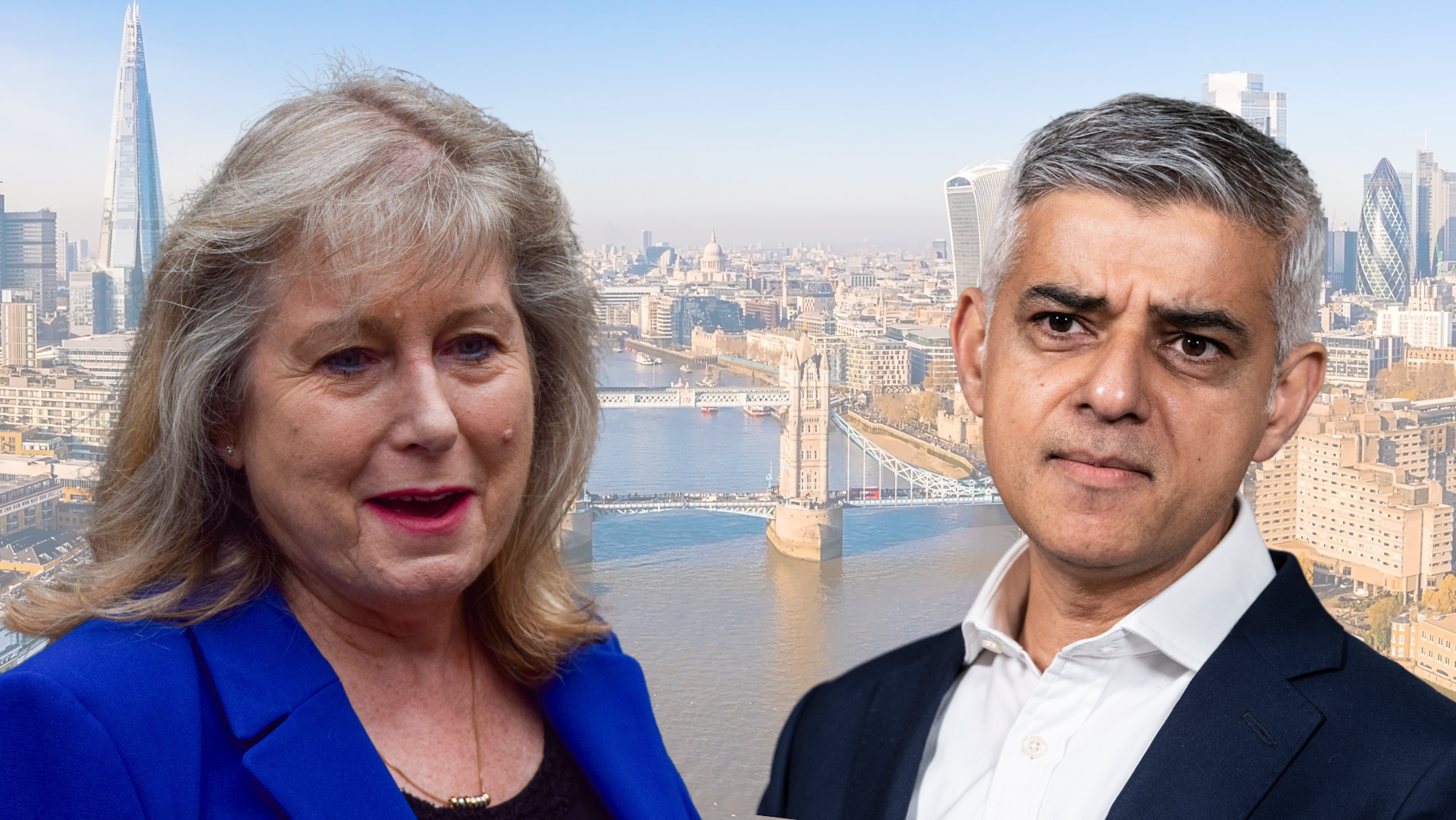 Collage of Susan Hall and Sadiq Khan facing each other with an aerial view of London in the background