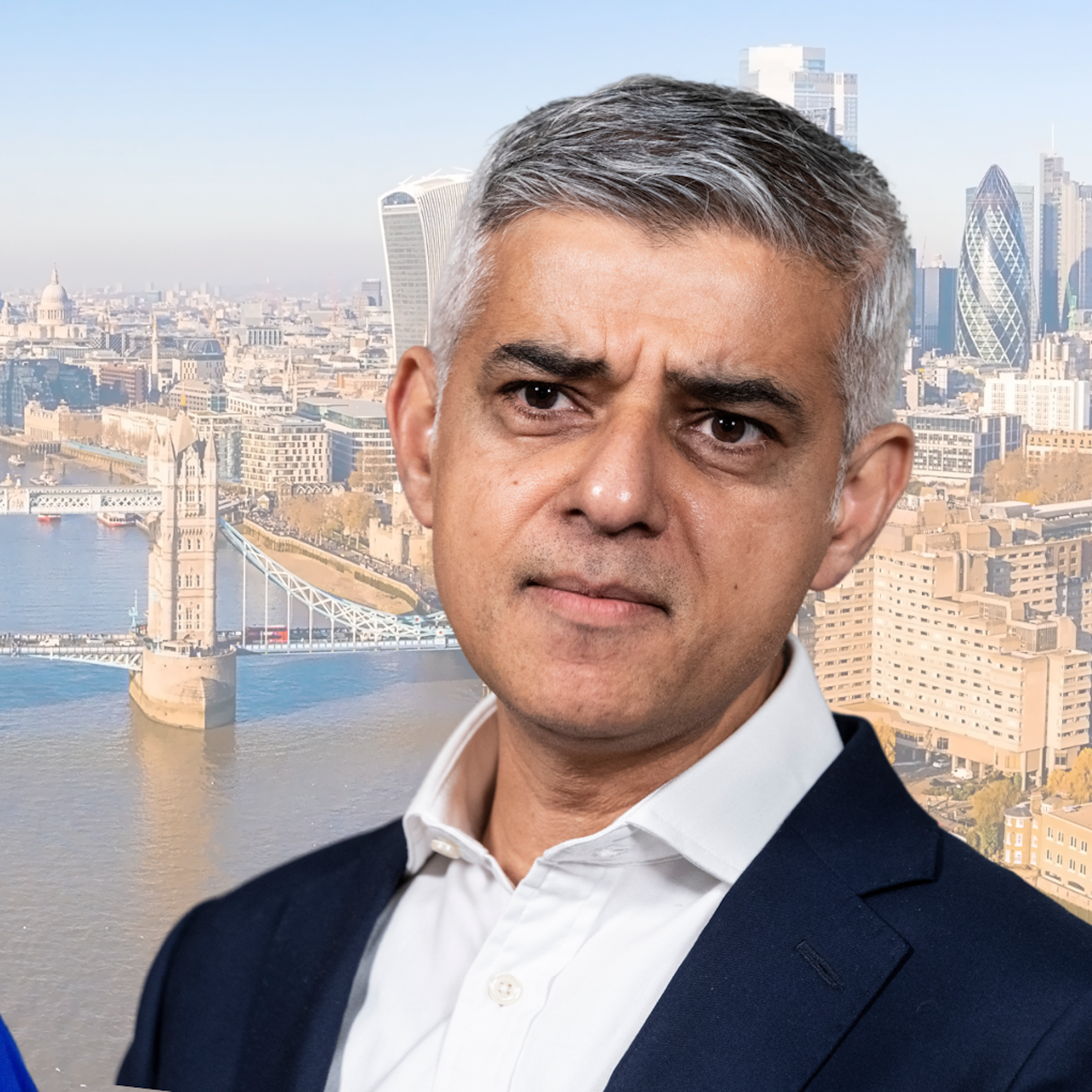 Collage of Susan Hall and Sadiq Khan facing each other with an aerial view of London in the background