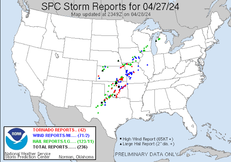 Map shows severe storms lines from Texas to Illinois.