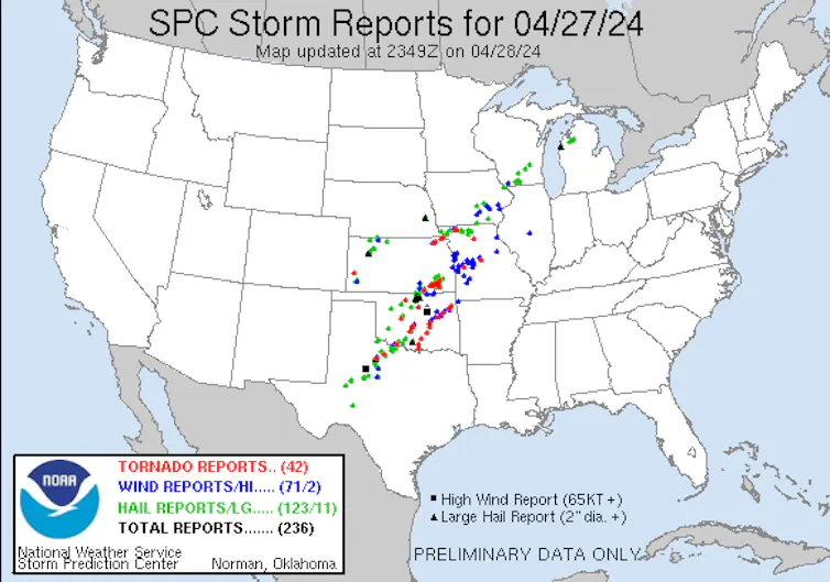 Map shows severe storms lines from Texas to Illinois.