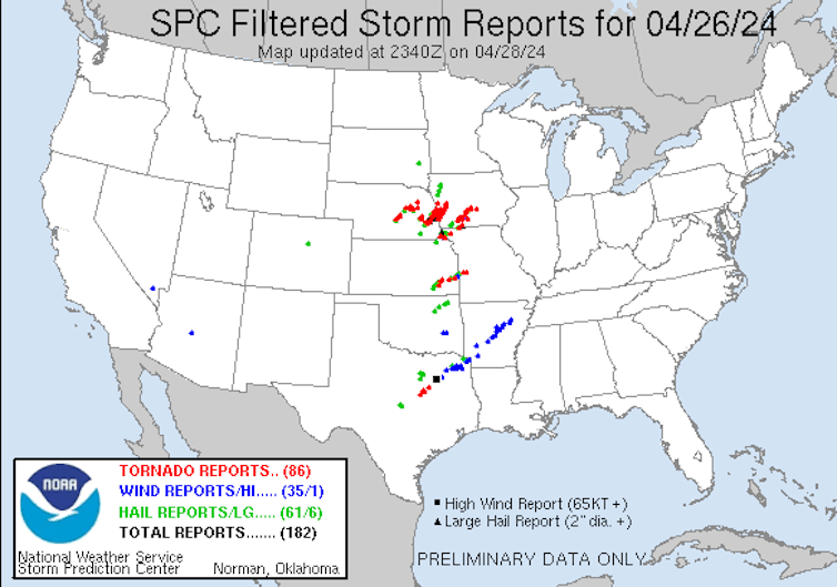 The map shows tornado lines in Nebraska and Iowa