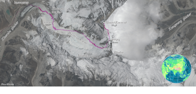 Satellite map of Everest showing the route from base camp through four higher camps to the summit.