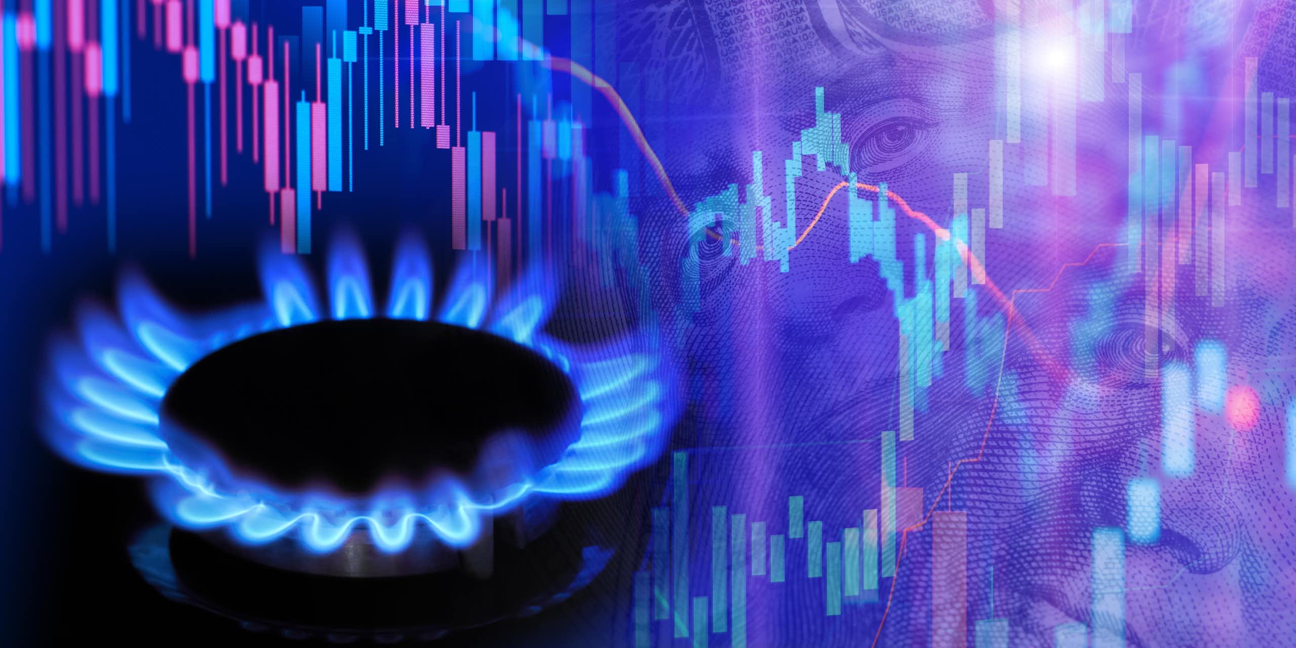 blue gas ring flames lit, background with computer generated pink and blue stock chart graph to indicate rising costs