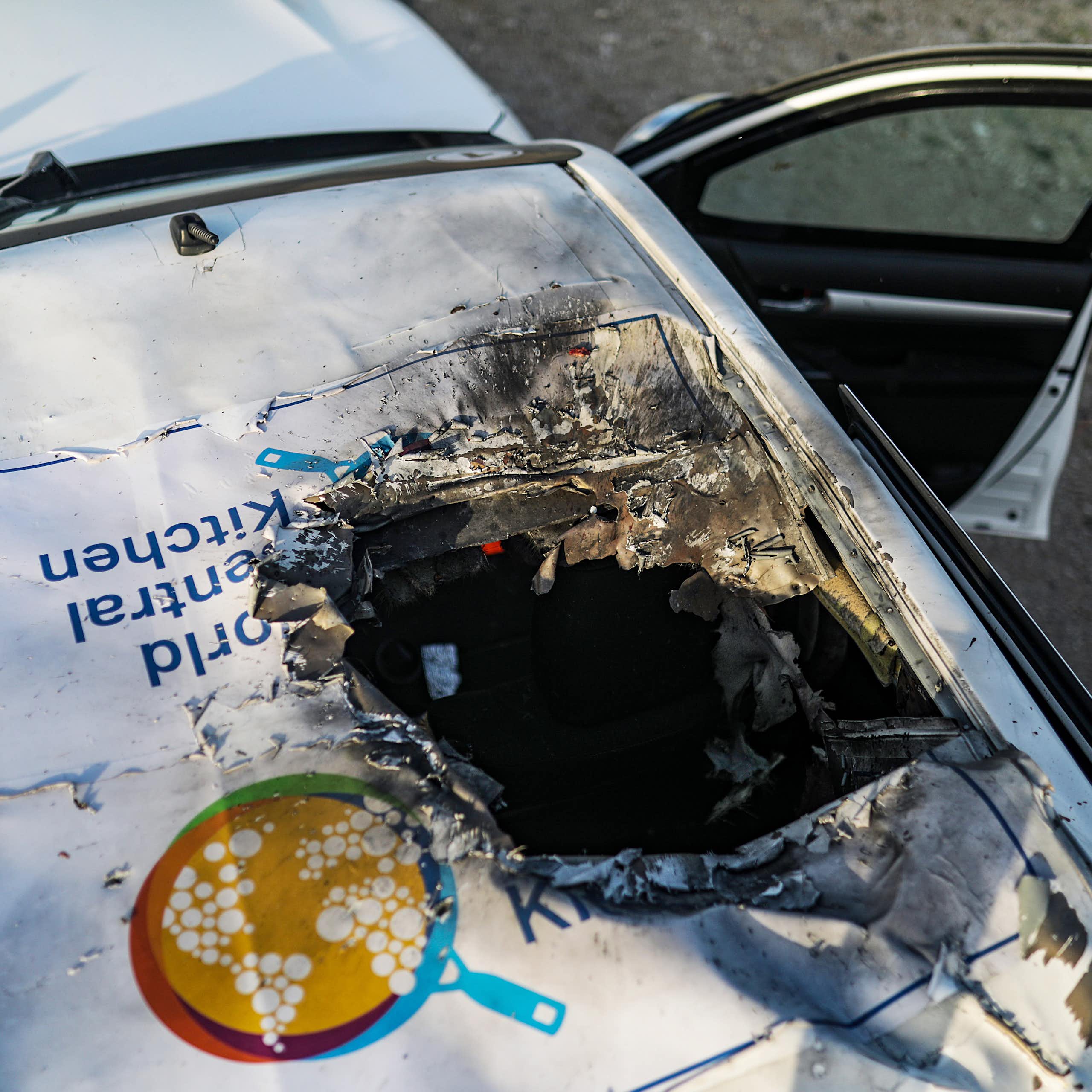 The damaged vehicle in which World Central Kitchen workers were travelling when hit by an Israeli airstrike.