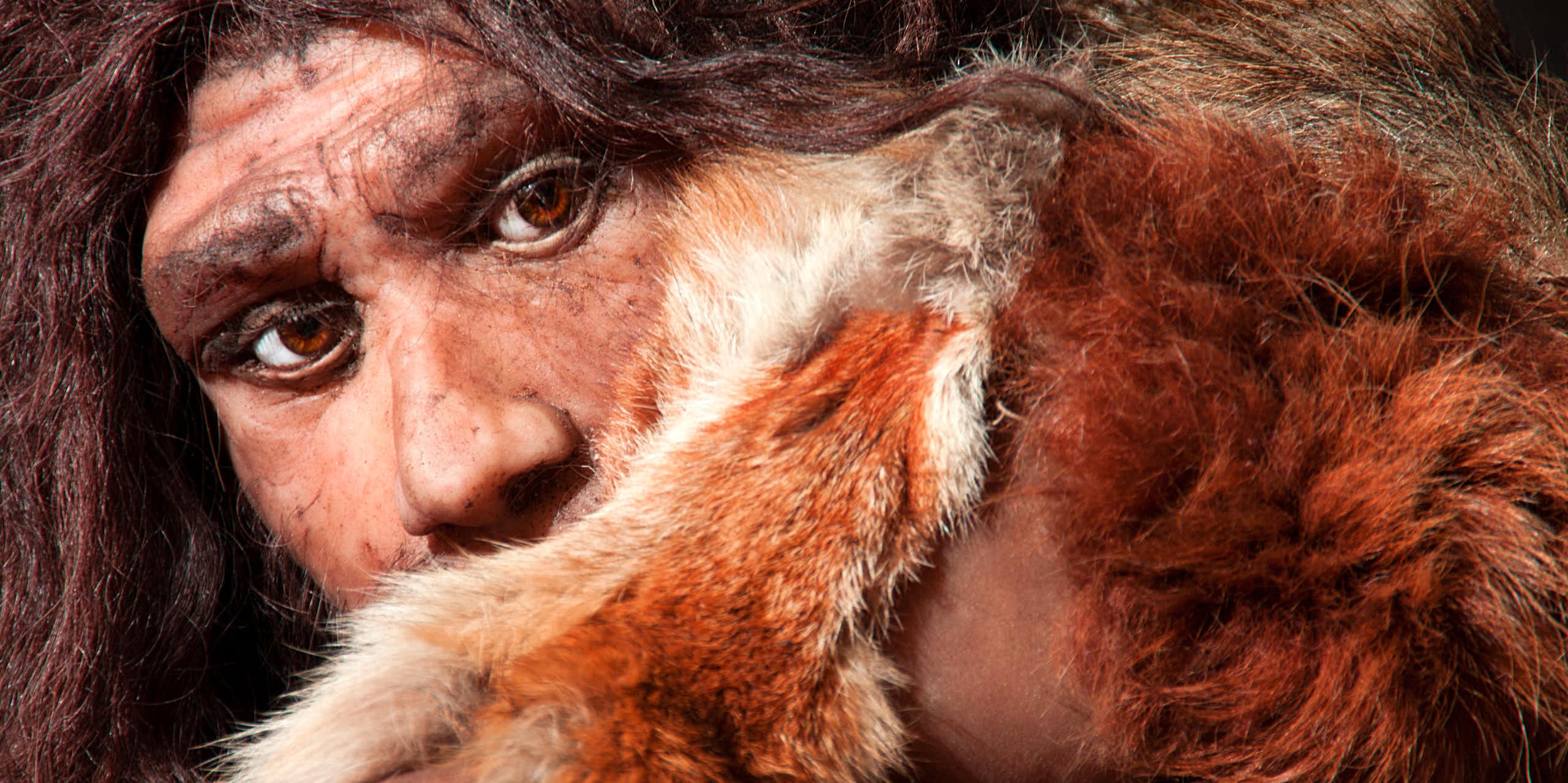 Vue rapprochée d'un homme néandertal, concentré dans les yeux