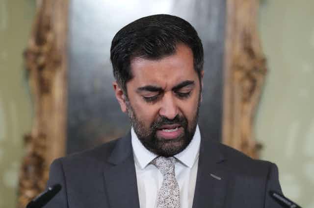 Humza Yousaf giving his resignation speech.