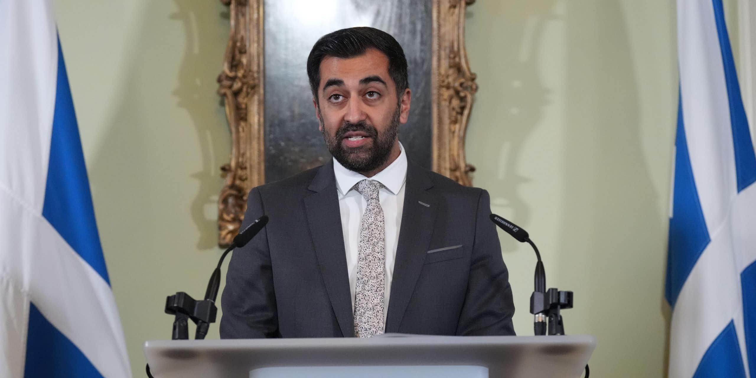 Humza Yousaf giving his resignation speech. 