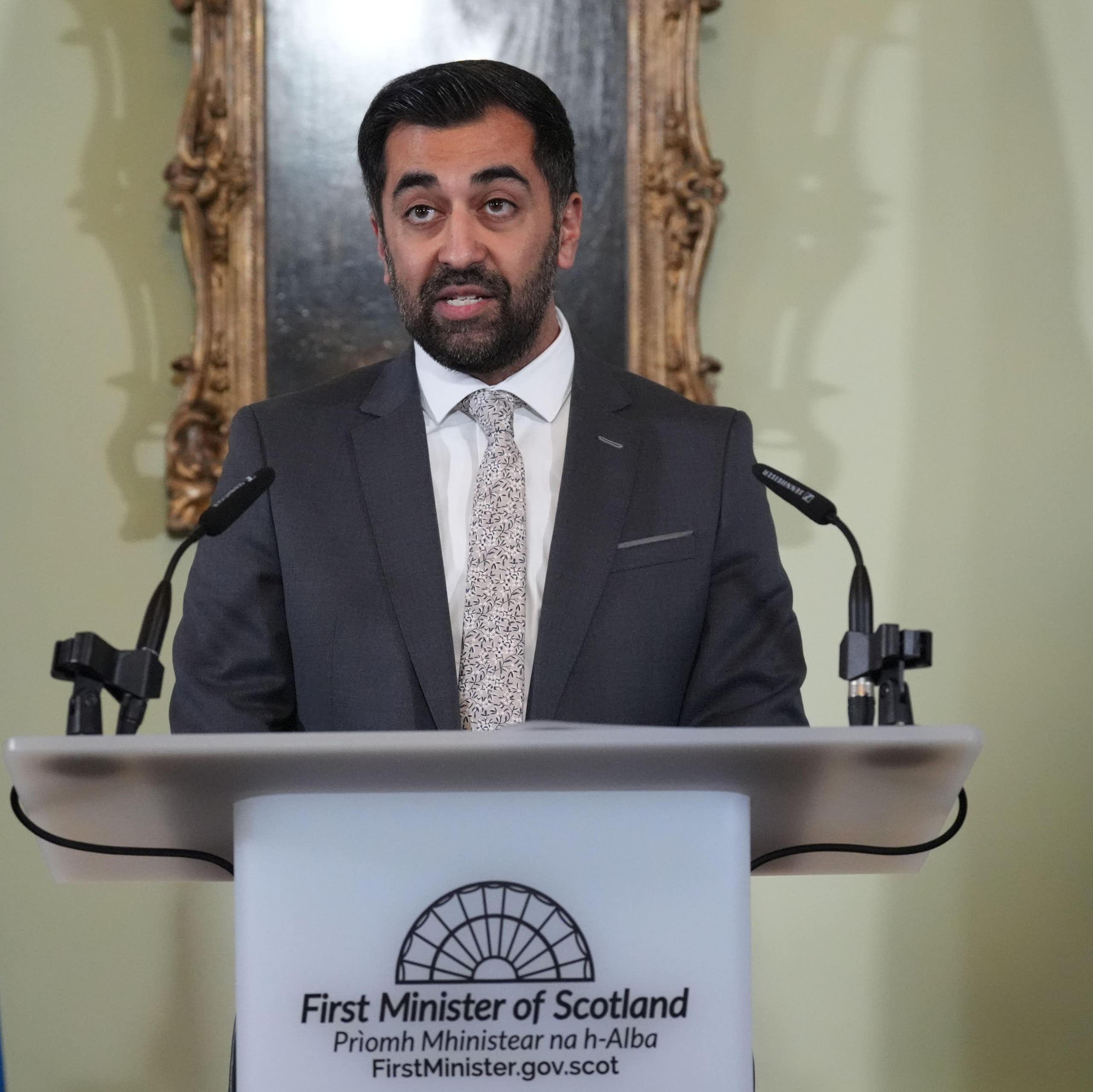 Humza Yousaf giving his resignation speech. 