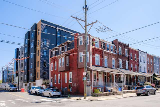 A mix of new and old construction on a corner in West Philadelphia