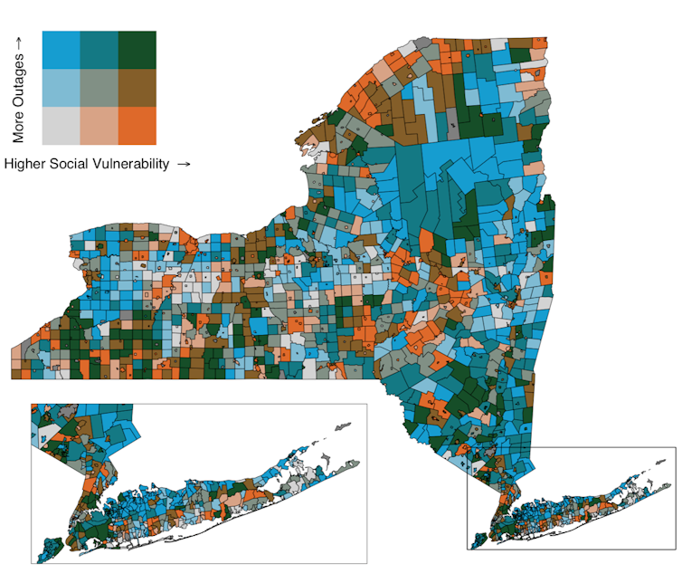 A state map shows county by county where socially vulnerable communities face more outages.