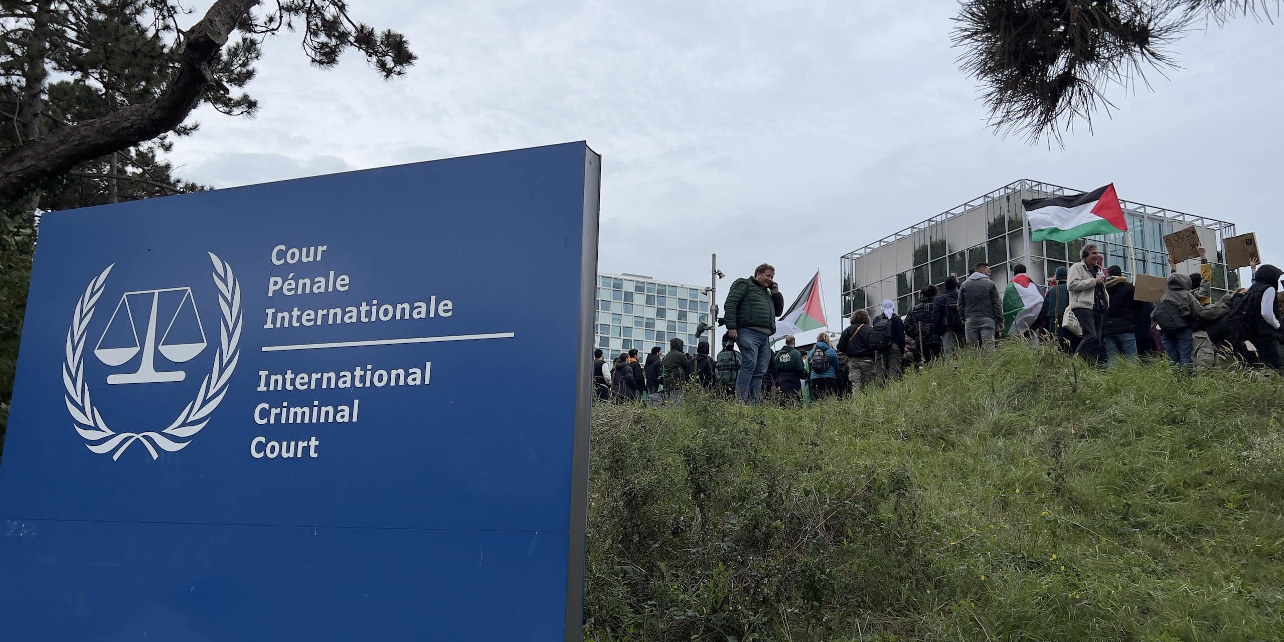A blue sign says 'International Criminal Court' and people stand in the grass behind, holding some Palestinian flags on a grey day. 