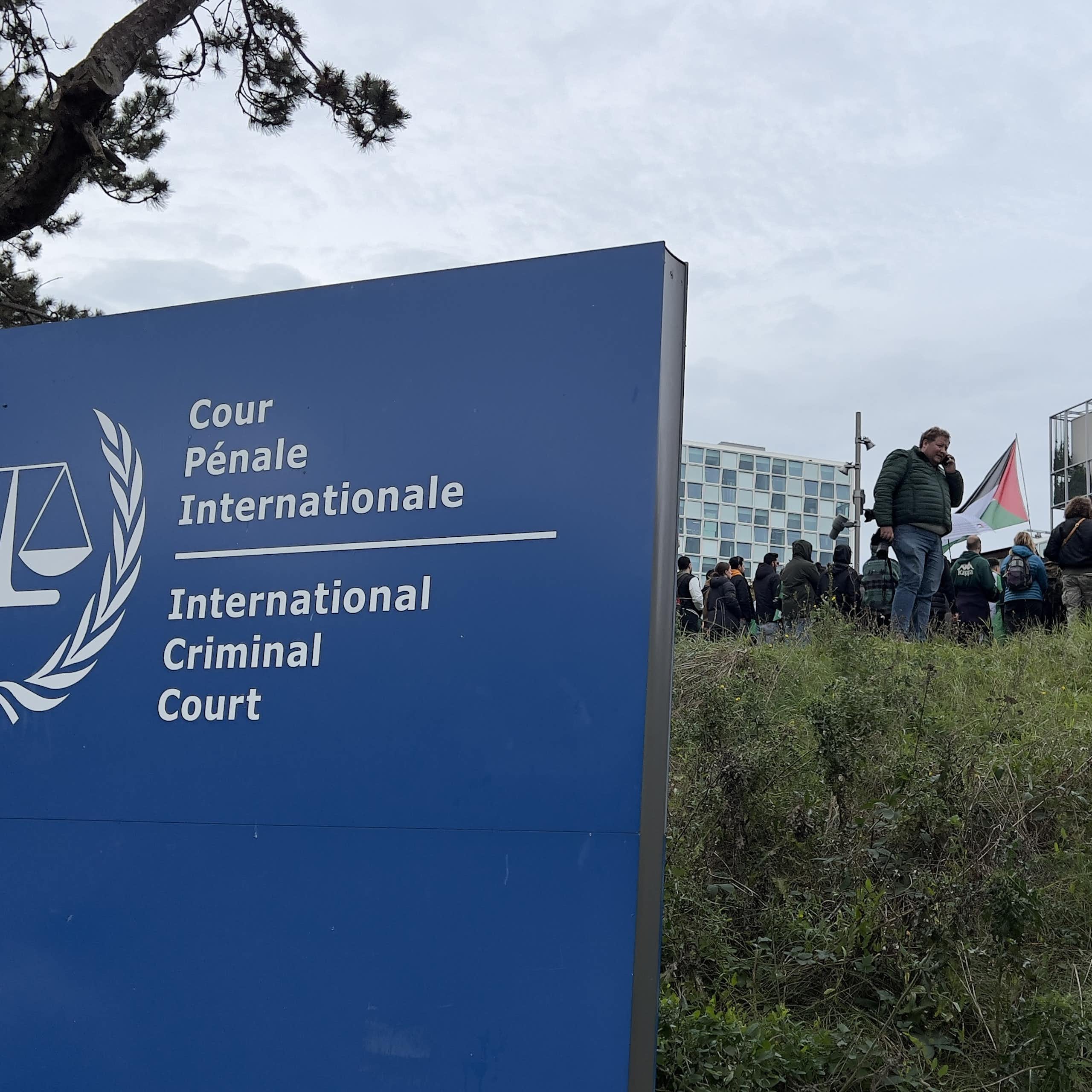 A blue sign says 'International Criminal Court' and people stand in the grass behind, holding some Palestinian flags on a grey day. 