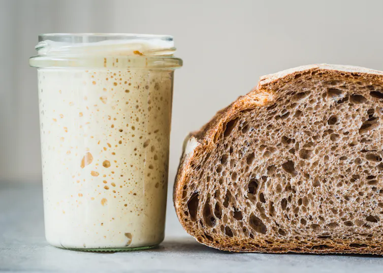 Sourdough starter in a jar next to a sliced loaf of sourdough bread