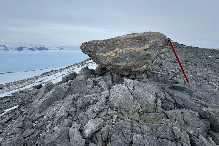 A rock perched on an outcrop in Antarctica, with am ice pick for size comparison.
