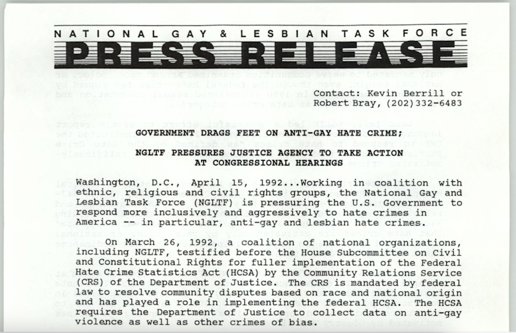 Excerpt from a 1992 press release by the National Gay and Lesbian Task Force about the federal government's poor response to hate crimes.