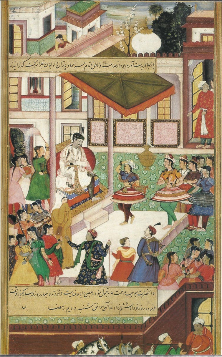 Old painting, a man watches girls dance.