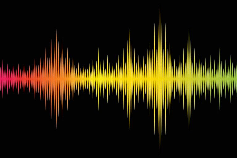 Illustration of a sound wave in multiple rainbow colours against a black background.