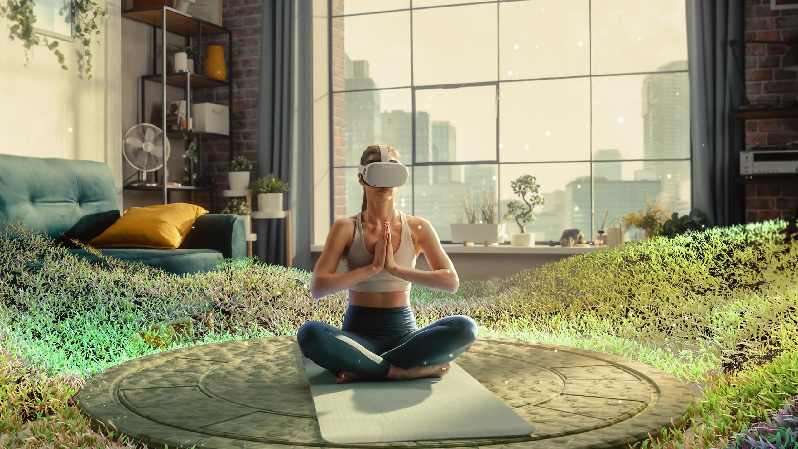 A woman wearing VR goggles places her hands together while sitting on the ground. Virtual greenery surrounds her. 
