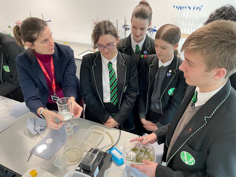 Woman on left and five school students in dark green blazers stood talking around a lab table with some science equipment and hedge samples