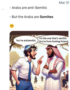 « Les arabes sont antisémites -- mais les arabes sont des sémites. » Tweet publié le 31 mars 2024