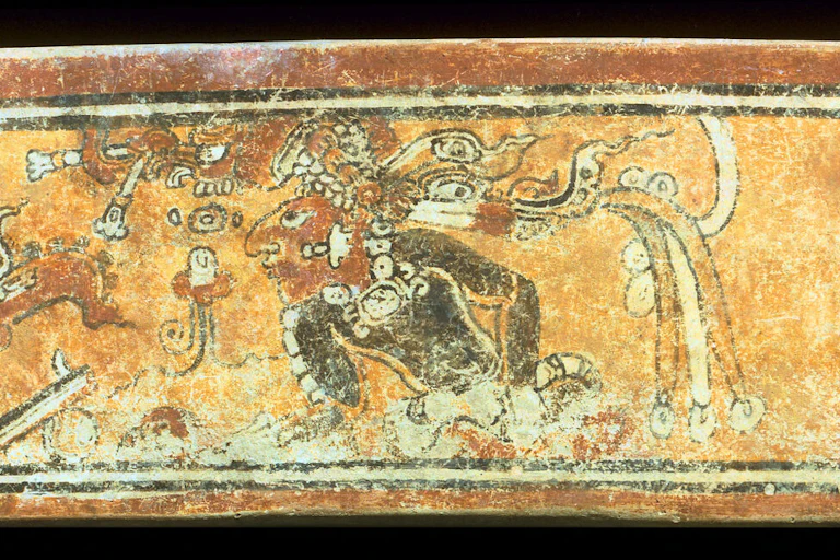 A painting on a yellow background that shows a jaguar with fangs, bloodshot eyes and rabbit ears surrounded by other figures.