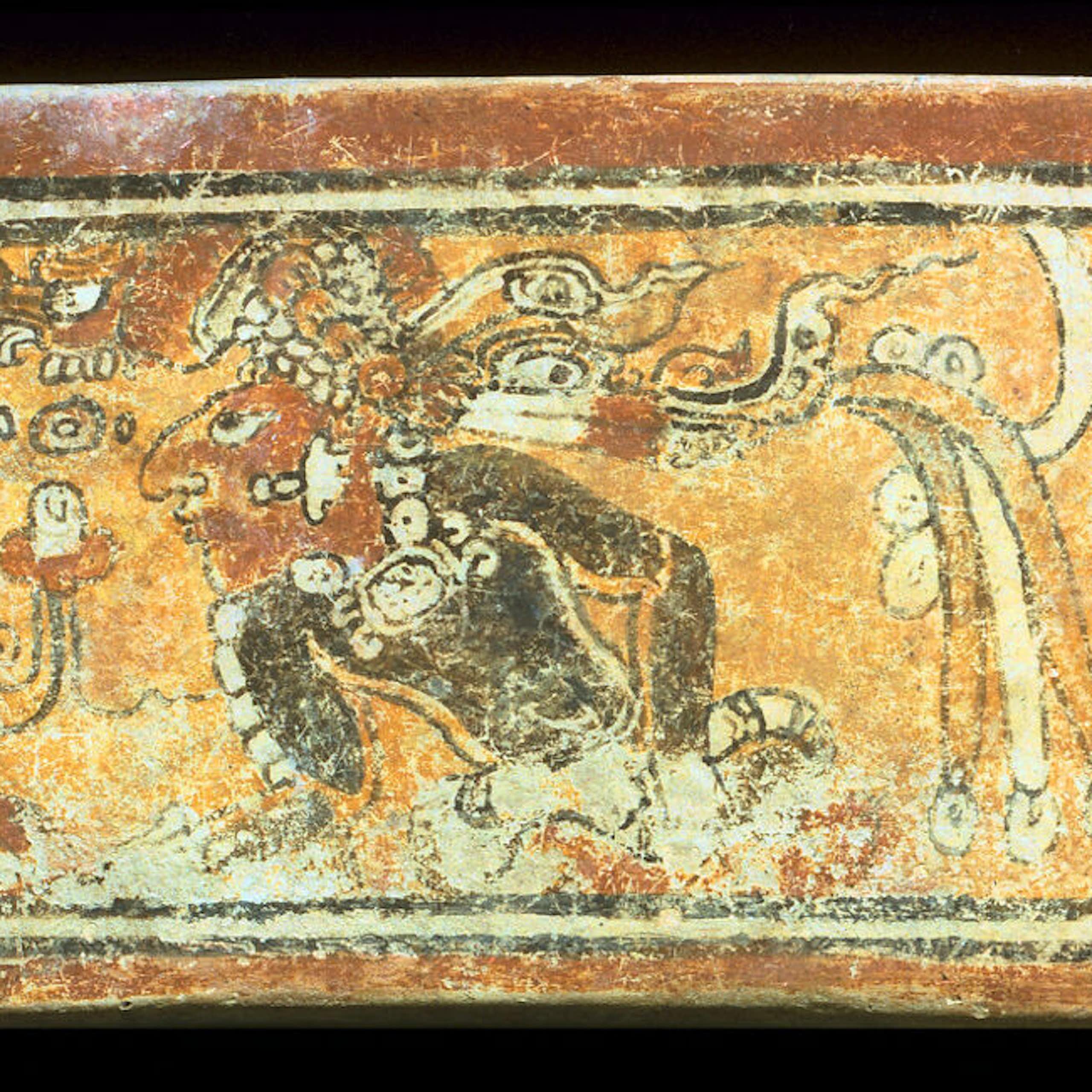 A painting on a yellow background that shows a jaguar with fangs, bloodshot eyes and rabbit ears surrounded by other figures.