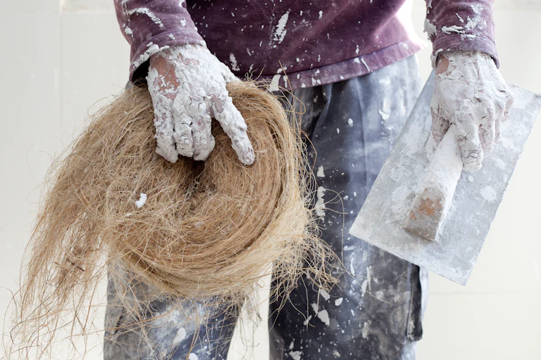 Man in scruffy work clothes holding a roll of brown fibrous hemp material in one hand, a silver tool in the other, white background