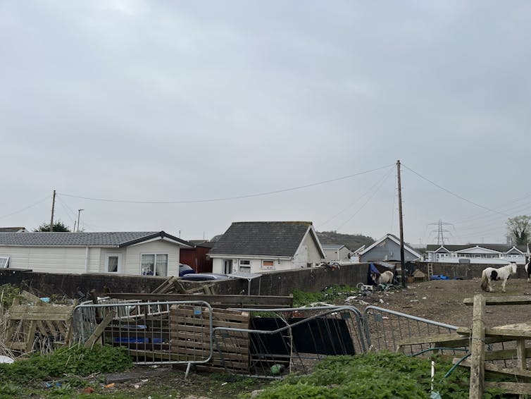 Mobile homes and horses under a grey sky.