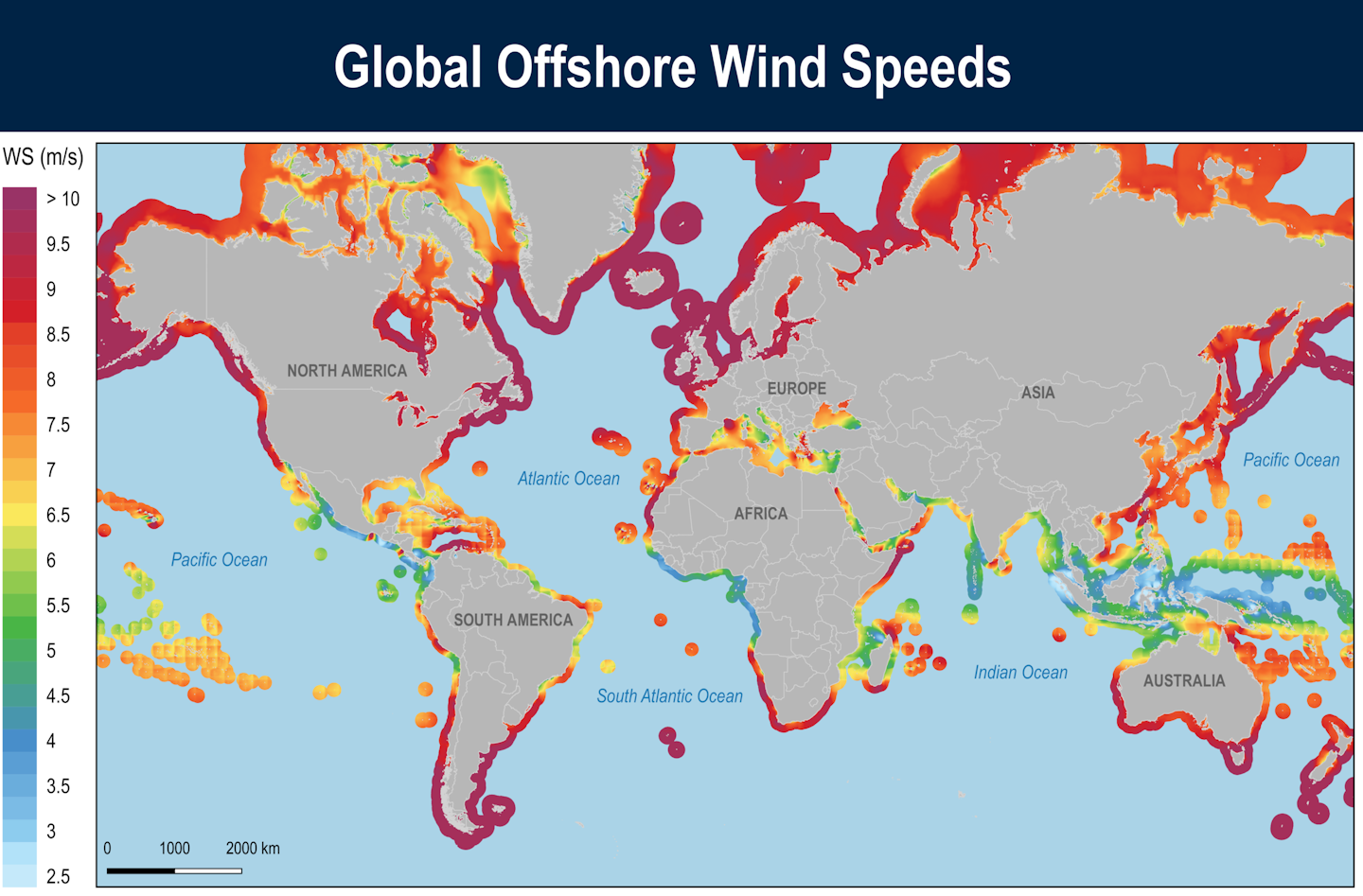 A map shows regions with the strongest offshore wind power potential, including off the US and Northern Europe.