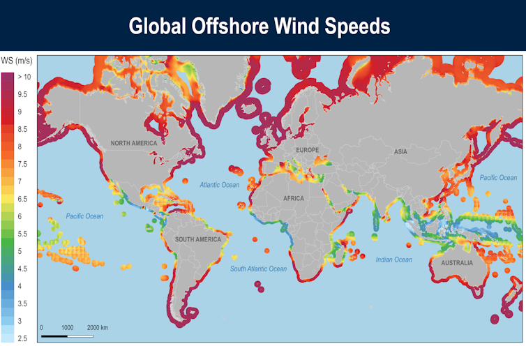 A map shows regions with the greatest offshore wind power potential, including the United States and Northern Europe.