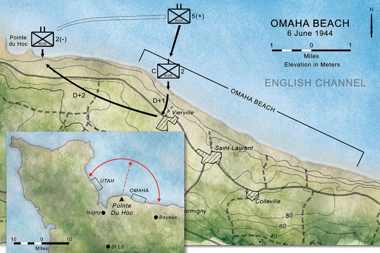 A map showing the Normandy beaches and specific assignments for Ranger units.