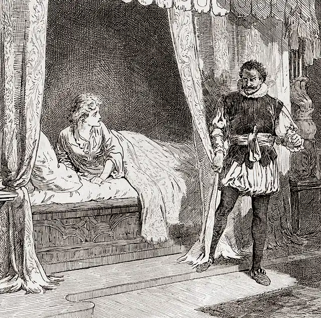 A white woman lies in bed as a Black man stands near her.