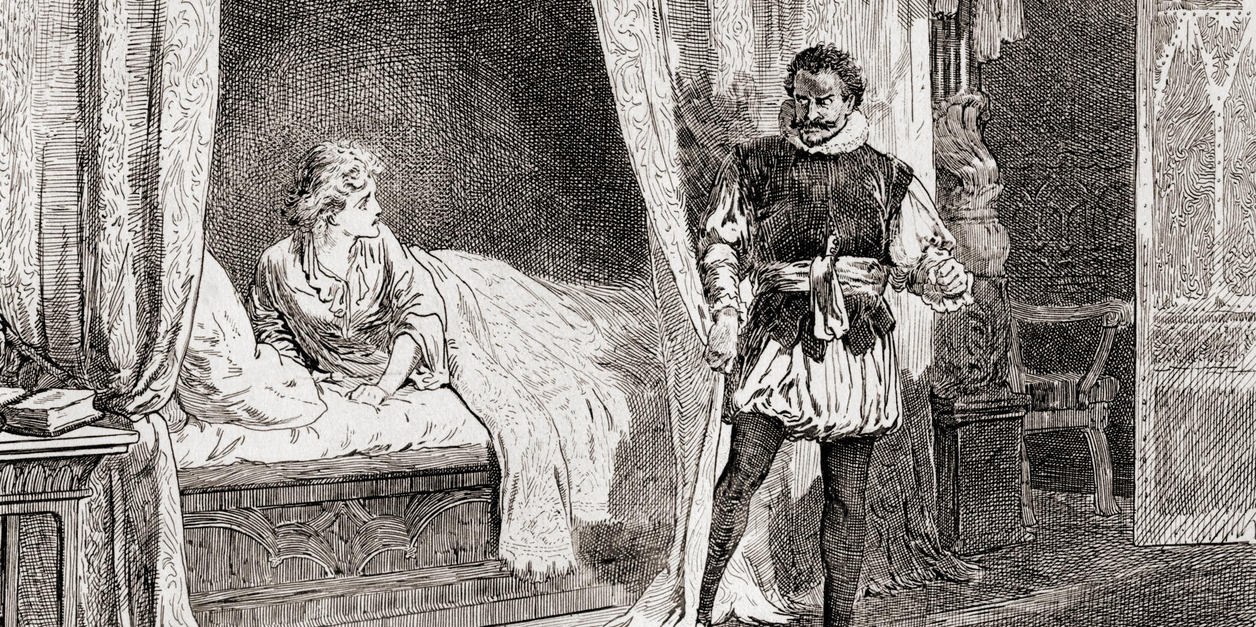 A white woman lies in bed as a Black man stands near her. 